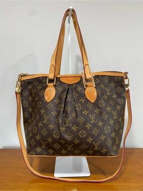 Brown Monogram Tote Bag with Tan Leather Trim PM size